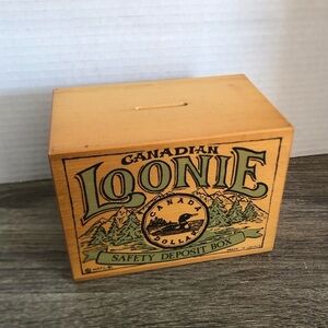 Vtg Wooden Canadian Loonie Coin Bank